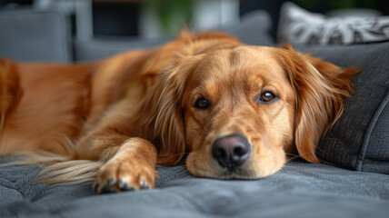 A golden retriever lies on the sofa in the living room.generative ai