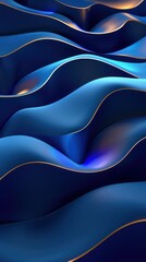Dynamic interplay of minimalist 3D shapes in vintage blue and vibrant sapphire blue, softly illuminated by matte gold highlights, creating a captivating and futuristic abstract landscape