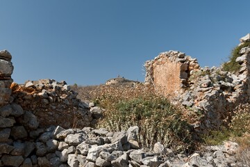 View of medieval Monemvasia town. Founded in the 6th century. Fortification of the Upper Town. Laconia, Peloponnese, Greece.
