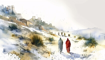 A watercolor biblical illustration depicting the return to Nazareth, capturing the traditional and peaceful village with a touch of spirituality. Suitable for religious events and cultural...