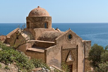 View of medieval Monemvasia town. Founded in the 6th century. Agio Nikolaos church. Laconia, Peloponnese, Greece.