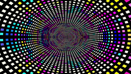 A swirling pattern of colored squares arranged in a tunnel-like shape, with a black background