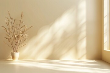 A minimalist scene with a beige ceramic vase holding dried branches, placed against a light-colored wall. Soft sunlight and shadows from a window create a calm and serene atmosphere.