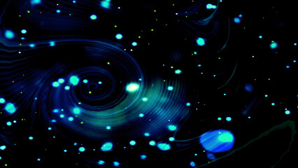 A swirling pattern of blue and green lights against a black background