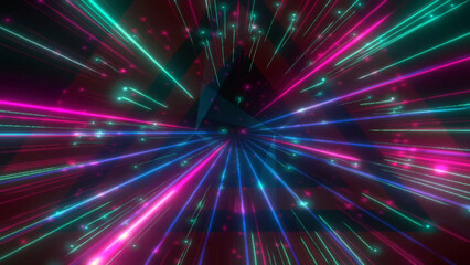 Abstract neon lights create a dynamic pattern with triangular shapes in a dark background