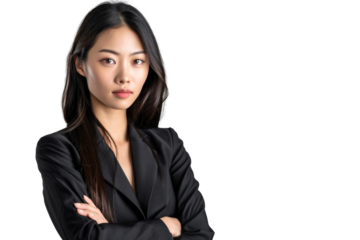 Portrait of Executive young Asian businesswoman wear black suit ans posing cross arm isolated on transparent background.