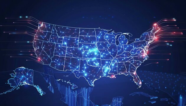 Future of Connectivity 5G Network Expansion Across the USA, map of the USA with dynamic waves spreading outwards, 5G technology and its coverage across different states