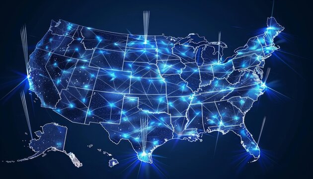 Future of Connectivity 5G Network Expansion Across the USA, map of the USA with dynamic waves spreading outwards, 5G technology and its coverage across different states