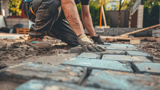A man constructing a patio in the backyard, placing concrete pavers to establish a solid foundation for outdoor living. - Powered by Adobe