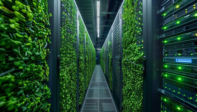 Green Data Center Sustainability, a green data center concept with an image showcasing eco-friendly design elements