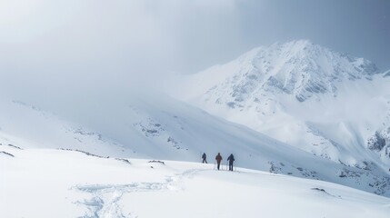 Three people are walking on a snowy mountain
