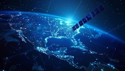 Satellite Overlords, Satellites in low Earth orbit casting shadows over a map of North America, modern communication networks