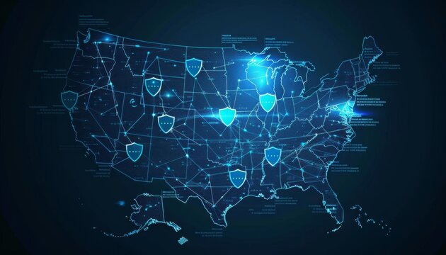 Shielded States Cyber Defenses of America, map of the USA with each state represented by a shield, lines denoting secure data routes and cyber defense measures
