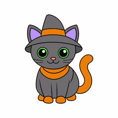 Playful cat in a witch's hat inside a carved pumpkin with Halloween decorations in a fun vector illustration for Cat Day