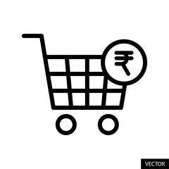 Shopping cart with Indian Rupee sign, shopping trolley and INR symbol vector icon in line style design for website, app, UI, isolated on white background. Editable stroke. Vector illustration.