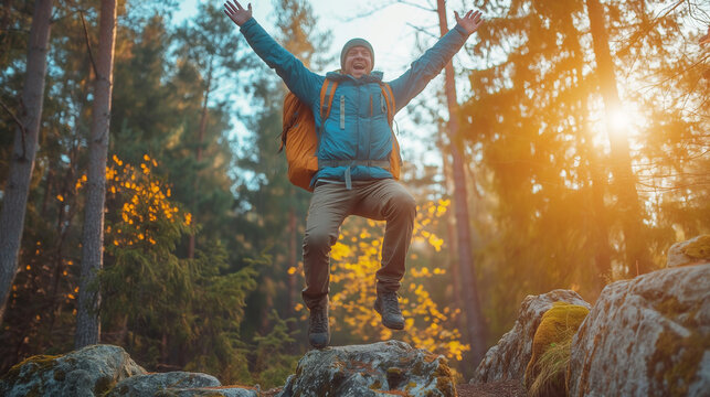 Excited Hiker Jumping for Joy in Autumn Forest. A cheerful man in hiking gear jumps with excitement on a rock in an autumn forest. The misty background and colorful foliage enhance the adventurous and