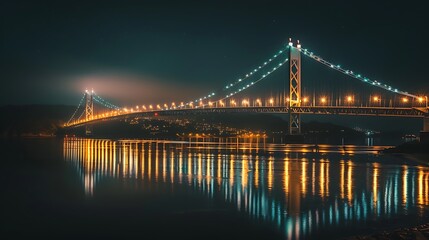 Fototapeta premium City Lights: Nighttime Reflections on Urban Bridge