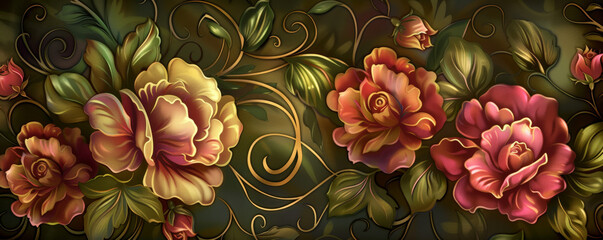 A luxurious floral background, featuring lush flowers in vibrant hues and swirling vines, exuding elegance and grandeur.