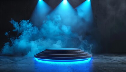Obraz premium 3D rendered illustration of podium with blue spotlight background with smoke, concert stage 3d render illustration