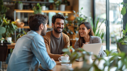 Productive Meeting in a Modern Café. Three young professionals engaged in a lively discussion over coffee in a modern café. The atmosphere is warm and collaborative, with a mix of natural light and gr