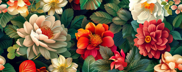A refined floral background, showcasing detailed blossoms and foliage in a mix of bright, bold colors, adding opulence and sophistication.