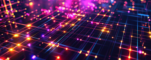 Fototapeta premium A sleek technology illustration with a square grid, crisscrossing lines, and illuminated dots, symbolizing the digital network's intricacy.