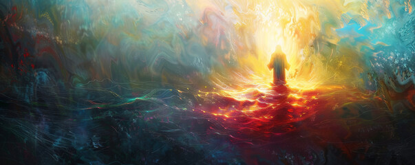 Abstract representation of the Baptism of Jesus, with a glowing figure standing in water, surrounded by soft light and symbolic imagery of the Holy Spirit.