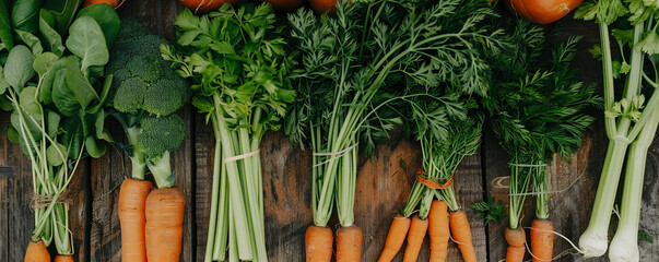 A variety of fresh vegetables including carrots, celery, and herbs spread out on rough wooden planks. The natural textures of the vegetables and wood create a harmonious display.