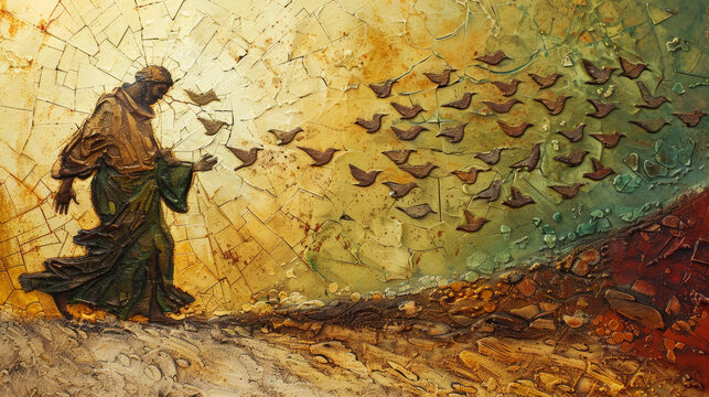 The parable of the sower, with a sower scattering seeds on different types of ground, each illustrating a different response to the word of God.