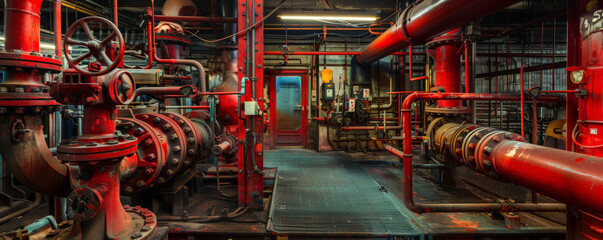 Fototapeta premium Mechanical room filled with a maze of interconnected pipes and valves, with industrial lighting highlighting the technical complexity and functionality.