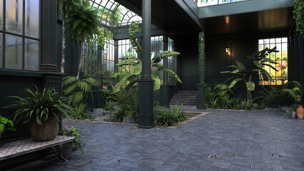 Fototapeta premium Old greenhouse conservatory building interior. 3D rendered illustration.