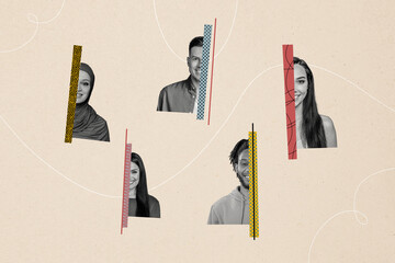 Creative collage of young happy people teamwork half face successful startup work together diversity template metaphor psychedelic pinup