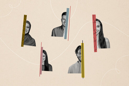 Creative collage of young happy people teamwork half face successful startup work together diversity template metaphor psychedelic pinup