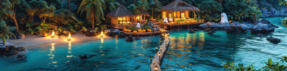 Obraz premium Tropical Island Paradise at Night with Stunning Overwater Bungalows and Lush Greenery by Crystal Clear Blue Water Lagoon Island Retreat