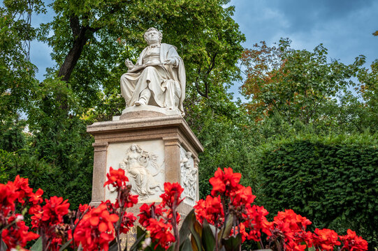 Vienna, Austria, August 21, 2022. Beautiful shot of the Franz Schubert monument at the Stadtpark. Low angle shot.
