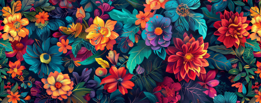 A lavish luxurious floral background, with intricate patterns of flowers and foliage in bright, bold colors, creating an opulent texture.