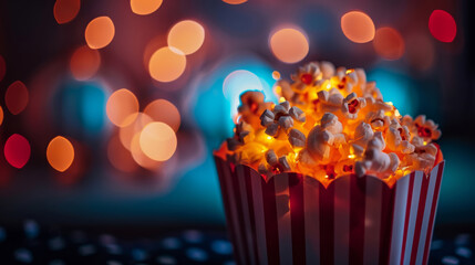 Popcorn and movie at home concept. Cozy movie night at home with popcorn and drinks under the blanket, blurred background. Generative ai