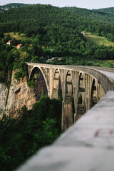 Fototapeta premium Tara Bridge and Canyon, Tepca, Durmitor National Park, Montenegro - golden bridge over forest and rocks