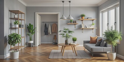 Fototapeta premium Modern Hallway With Coat Hanger Living Room Dining Table And Houseplants AI-Created Content