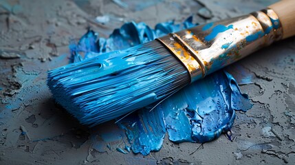 Fototapeta premium Golden Brush: Blue Paint Streaks in Artistry