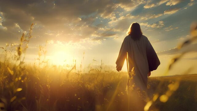 Biblical scene with Jesus Christ in the sky over a field. Concept of faith, religion, belief, and God.