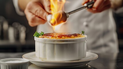 A pastry chef using a blowtorch to caramelize the top of a creme brulee, in a professional kitchen setting, high-resolution photo, realistic photo, cinematography, hyper realistic