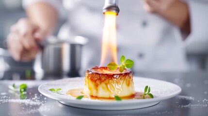 A pastry chef using a blowtorch to caramelize the top of a creme brulee, in a professional kitchen setting, high-resolution photo, realistic photo, cinematography, hyper realistic