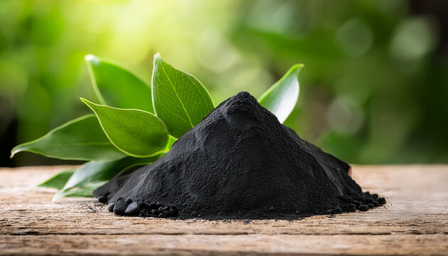 Pile of activated charcoal powder and fresh green leaves on wooden table. Healthy supplement food.