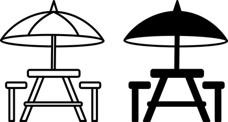 Picnic table icons. Black and White Vector Icons of Summer Umbrella, Table, and Chairs. Leisure and Travel. Camping and Tourism Concept