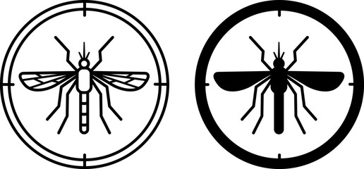 Mosquito icons. Black and White Vector Icons. Goal Sign with Insect Inside. Insect repellent. Camping and Tourism. Label or Logo for Packaging