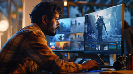 An Indian game designer working on a desktop, designing characters and environments for an adventure video game using advanced 3D modeling software in a multicultural game studio.