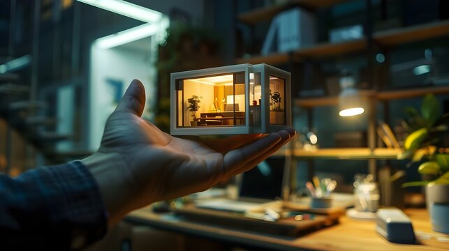 Office in hand of man, Concept of  insurance and security, office decoration, office interior, office sale, office building