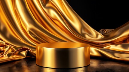 Golden Cylindrical Podium on Black Floor with Draped Fabric