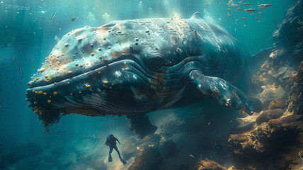 Fototapeta premium a diver in the water is next to a whale,generative ai